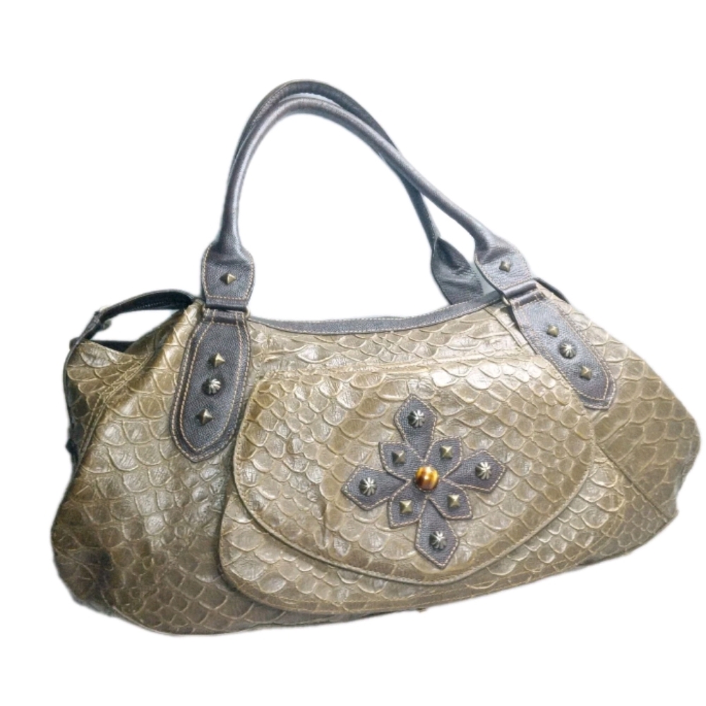 Vintage ERIC JAVITS Satchel Handbag Croco Embossed Large Purse Green & Brown